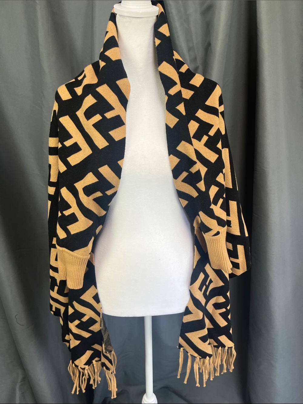 Woven Fringe Open-Front Shawl/Poncho with Sleeves Black & Camel